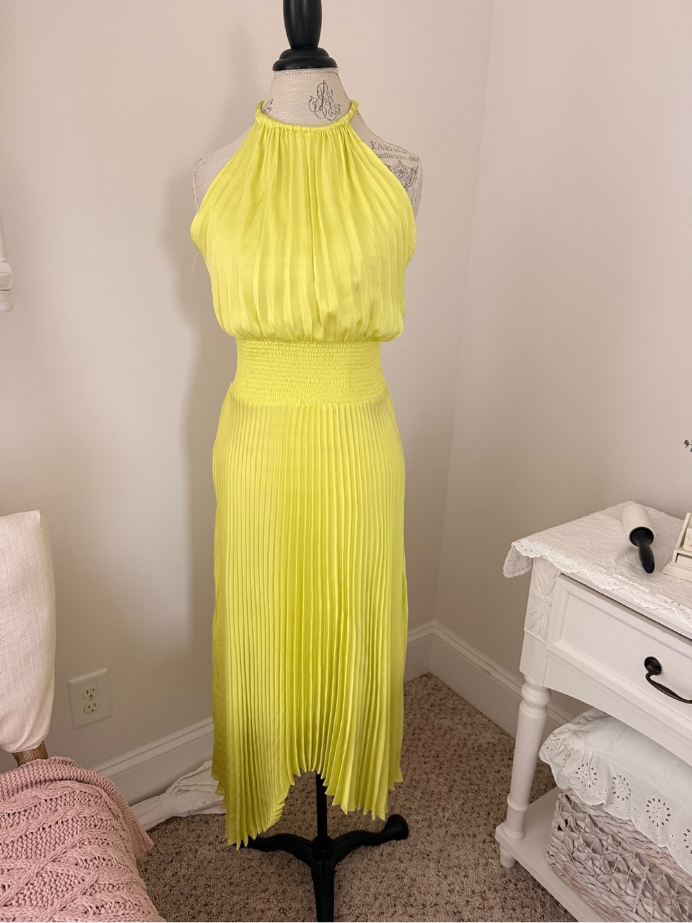 Joie Neon Yellow Pleated Halter Midi Dress